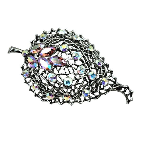 Vintage Jewelry - Vintage Rhinestone Leaf Brooch Domed Pin Pink Aurora Borealis Costume Jewelry